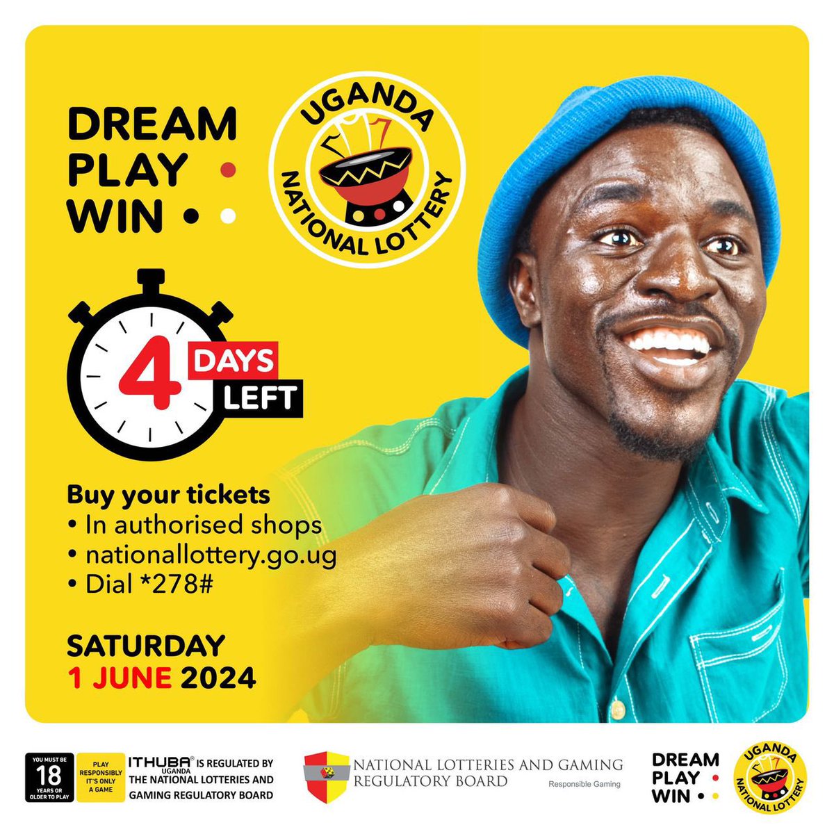 It’s now 4 Days left to the Uganda National Lottery day.👏👏 Simply buy your ticket via nationallottery.go.ug or Dial *278# to secure yourself one. Remember, Dream, Play and Win!!! #UgandaNationalLottery