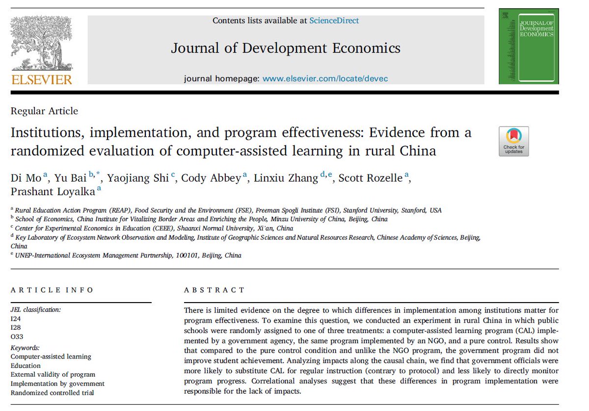 Here's another interesting paper on the NGO-effect in RCTs. The NGO-effect is one reason why findings from RCTs  often do not scale. This one here is on an educational program in China.  sciencedirect.com/science/articl…
