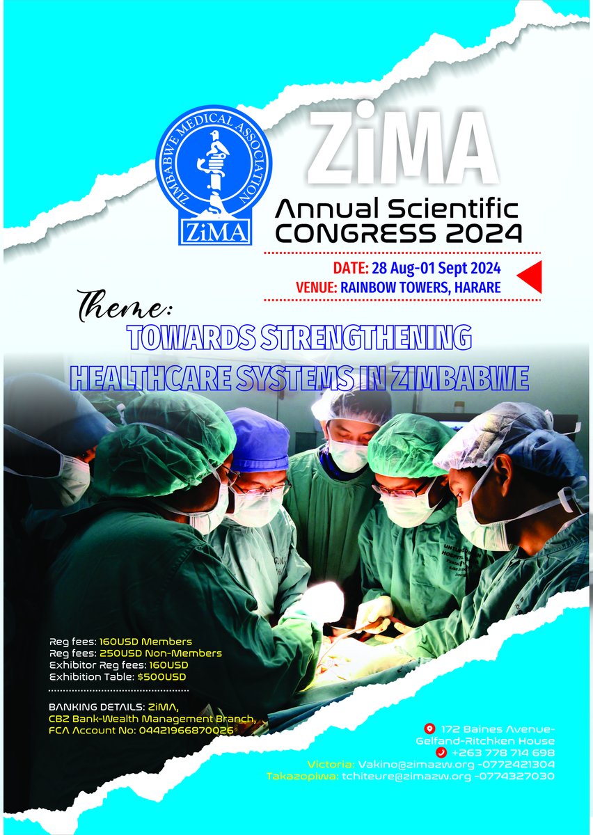 ZiMA (@zimmedicalassoc) on Twitter photo Registration is now open for the 2024 ZIMA Annual Scientific Congress. Sponsorship and exhibition slots are available as well!
Get in touch with us on +263778714698
#ZIMA2024 <a href="/MoHCCZim/">Ministry of HealthZW</a> @CimasMedical <a href="/LancetLabsZW/">Lancet Clinical Laboratories Zimbabwe</a> <a href="/PSMASZim/">PSMAS Zimbabwe</a> <a href="/CBZHoldings/">CBZ Holdings</a> <a href="/Nyaradzo_Group/">Nyaradzo Group</a> <a href="/VarichemP/">Varichem Pharmaceuticals</a> <a href="/NBSZbloodbank/">NBSZ bloodbank 🇿🇼</a> Registration is now open for the 2024 ZIMA Annual Scientific Congress. Sponsorship and exhibition slots are available as well!
Get in touch with us on +263778714698
#ZIMA2024 <a href="/MoHCCZim/">Ministry of HealthZW</a> @CimasMedical <a href="/LancetLabsZW/">Lancet Clinical Laboratories Zimbabwe</a> <a href="/PSMASZim/">PSMAS Zimbabwe</a> <a href="/CBZHoldings/">CBZ Holdings</a> <a href="/Nyaradzo_Group/">Nyaradzo Group</a> <a href="/VarichemP/">Varichem Pharmaceuticals</a> <a href="/NBSZbloodbank/">NBSZ bloodbank 🇿🇼</a>