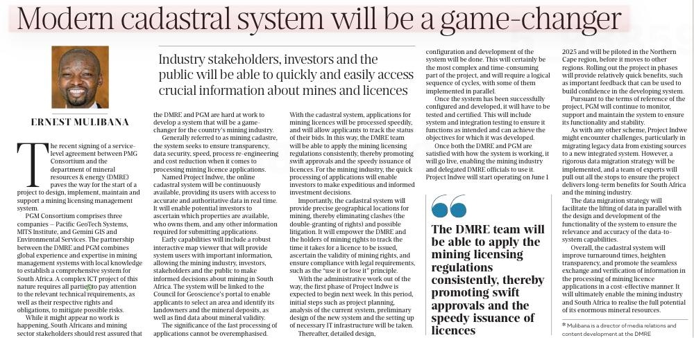DMPR_ZA's tweet image. The @DMRE_ZA has signed a service-level agreement with PMG Consortium to design, implement, maintain, and support a mining licensing management system.  The article explains the cadastral system and its significance for the country’s mining sector, bit.ly/453qjM2.