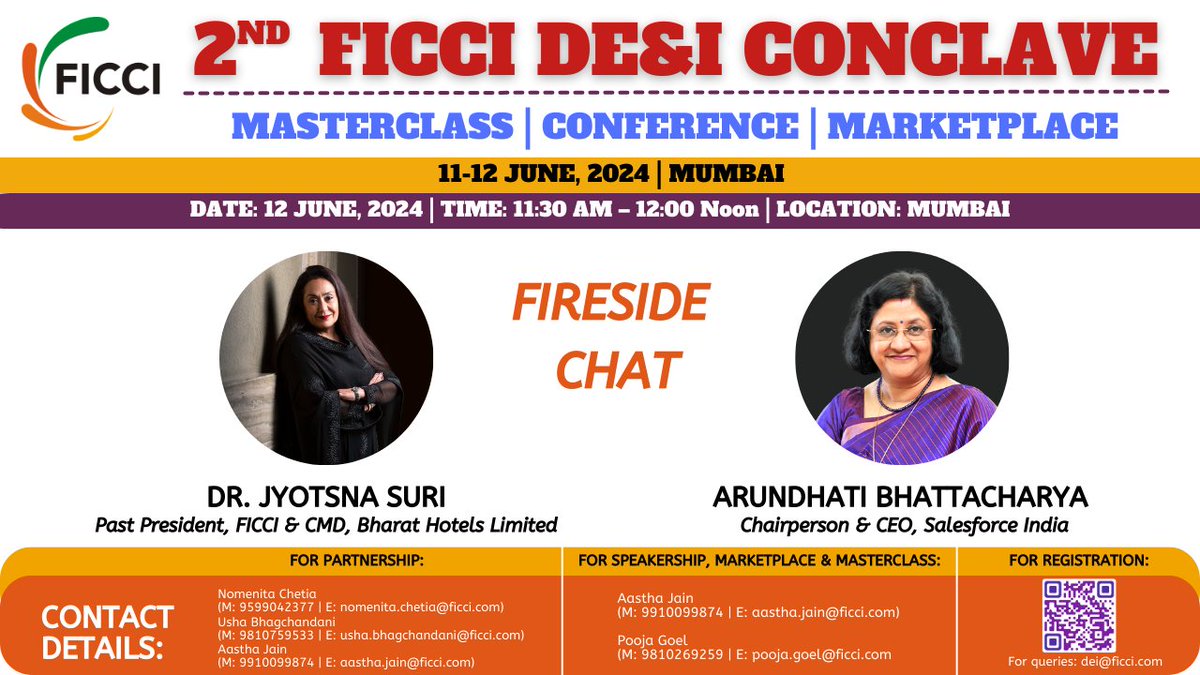 Join us on 12th June for a fireside chat with @salesforce Chairperson & CEO, Ms Arundhati Bhattacharya and FICCI Past President and @TheLalitGroup CMD Dr Jyotsna Suri. To attend, register at: meet.ficci.in/invitee-form.a…