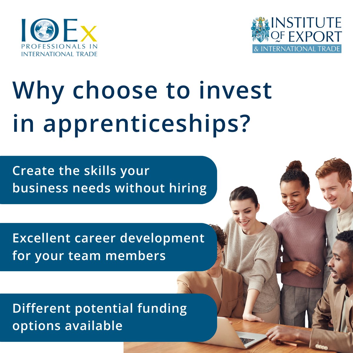 Why invest in #apprenticeships with IOEx Ltd? ✅ #Upskill your #business from within without hiring ✅ Excellent #career development for your team members ✅ Different potential funding options available Find out more 👉ow.ly/lgT450RXVlQ
