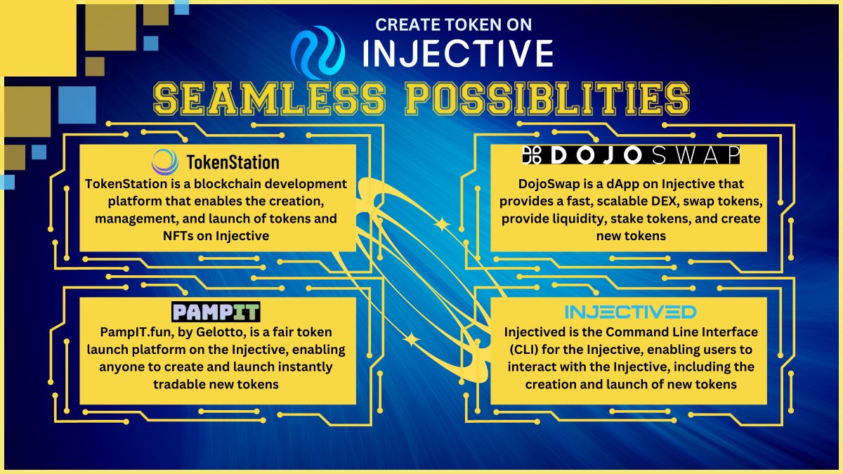 🚀 Explore the limitless possibilities of token creation on @injective! 

💡 Whether you're a coding pro or a newcomer, platforms like #TokenStation, @Dojo_Swap, @PampIT_fun by Gelotto, and our CLI (Command Line Interface) #Injectived make it seamless for everyone. Dive in and