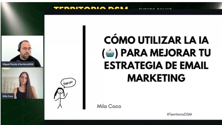 #TerritorioDSM YA ESTAMOS!!!

Arranca <a href="/miguelfloro/">Miguel Florido</a> de <a href="/marketingandweb/">Marketing and Web</a> presentando a la primer Ponente.

Mila Coco <a href="/MilaCocop/">Mila Coco</a> con su presentación sobre uso de #InteligenciaArtificial para mejorar tu estrategia de #EmailMarketing