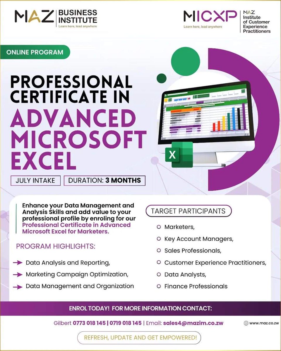 MarketersZim's tweet image. Elevate your marketing game this July with our Professional Certificate in Advanced Excel! Master data analysis, visualization, and more to supercharge your marketing strategies.

For registration, contact  0773018145 or email sales4@mazim.co.zw
#ExcelMastery 
#MarketingSkills