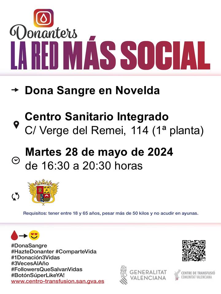 Dona sang en #Novelda
📆Dimarts #28mayo

Donar sang de manera regular garantix la disponibilitat de components sanguinis als hospitals.

#DonaSang, uneix-te a #LaFàbricaDeLaVida❤