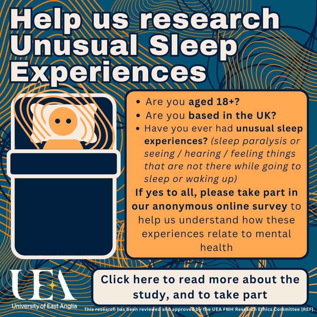 unusualsleepexp's tweet image. Ever see or hear things when falling asleep or waking up? 😴 

Share your experiences and help us uncover the mysteries of sleep! ⬇️ 

app.onlinesurveys.jisc.ac.uk/s/uea/unusuals…

@DrSReeve @eleanorchats @UEA_ClinPsyD #sleeping #research #SleepResearch #SleepDisorders