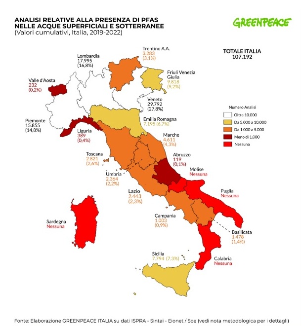 Report di Greenpeace su dati Ispra: Pfas in tutte le Regioni italiane dove sono stati cercati Controlli ambientali assenti in alcune aree del Sud. Un'emergenza nazionale diffusa e fuori controllo greenreport.it/news/inquiname…