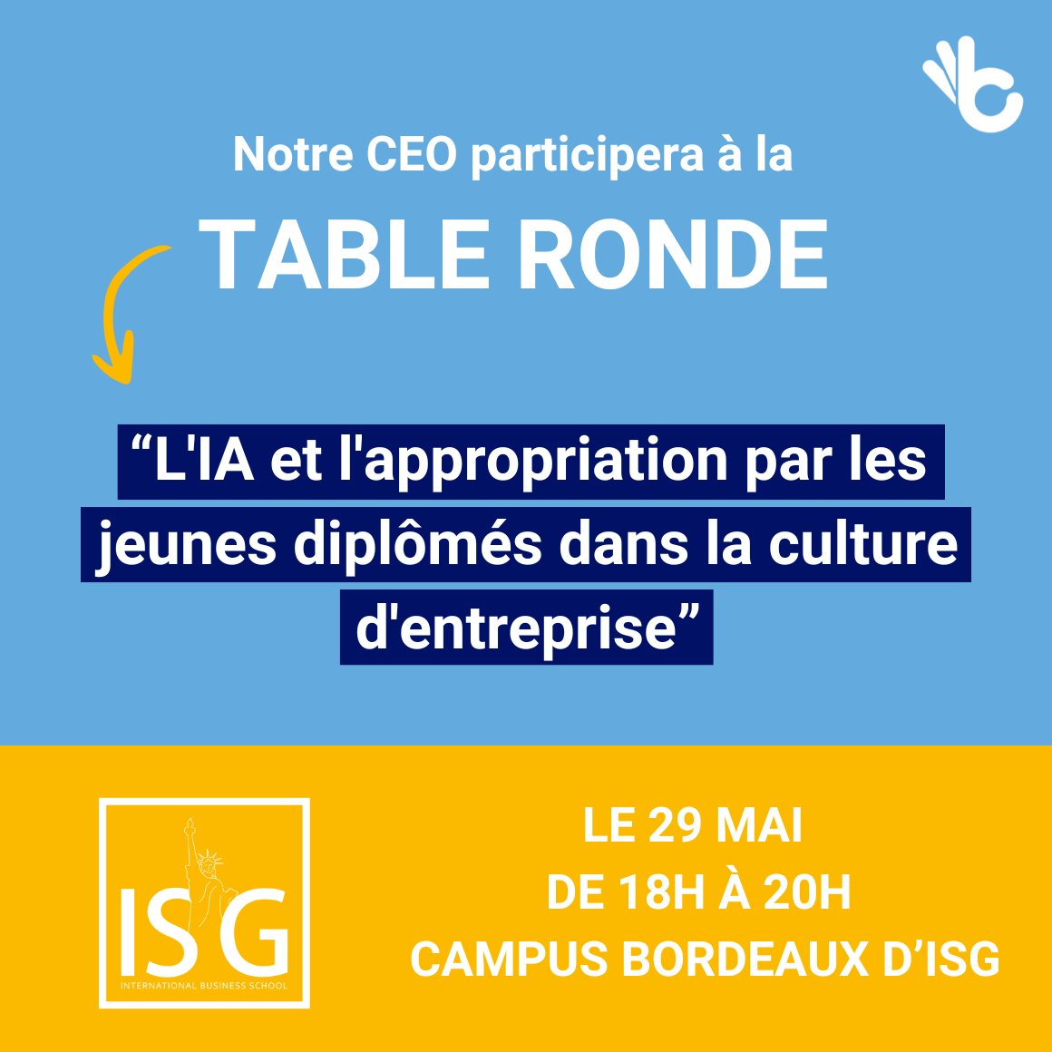 L’utilisation de l'#IA par les étudiants… Qu'en pensez-vous ?🤔
<a href="/LaurentTRIPIED/">Laurent TRIPIED 🔜 #IA Made In France</a> notre CEO, participera à la table ronde organisée par <a href="/ISG/">ISG</a> sur "L'IA et l'appropriation par les jeunes diplômés dans la culture d'entreprise" 

#Etudiant #tableronde #bziiit #Bordeaux