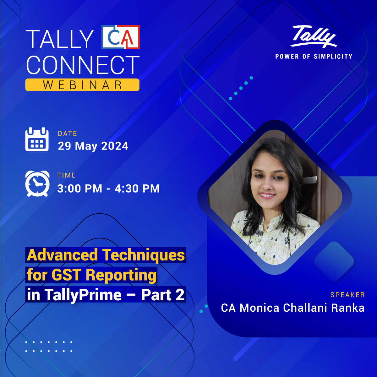 Join us for Part 2 of Advanced Techniques for GST Reporting in TallyPrime with CA Monika Challani! This session will cover a comprehensive walkthrough of Tally GSTR1 Return, analysis of GSTR-3B versus GSTR2B, key considerations before filing returns, and more. 📊📝
Register now: