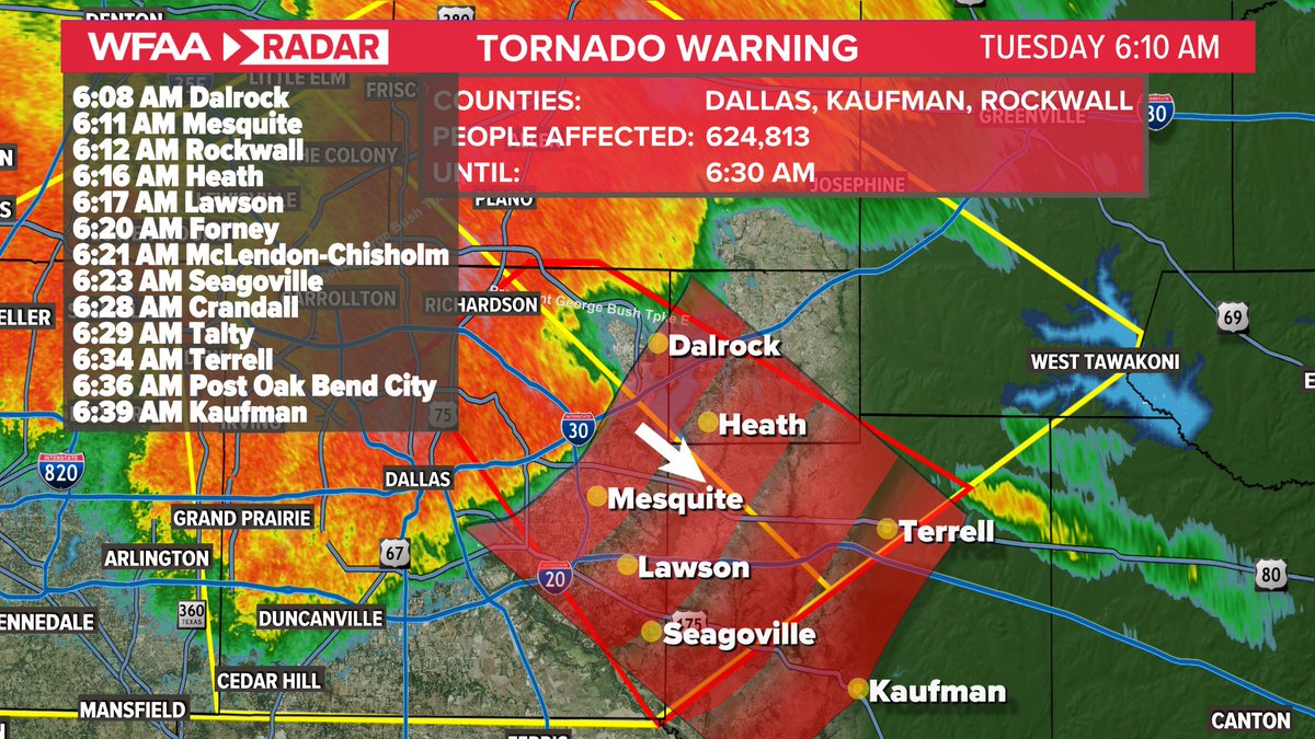 TORNADO WARNING for southeastern Dallas County, parts of Rockwall and Kaufman Counties. Seek shelter now if you are in this warning. #wfaaweather