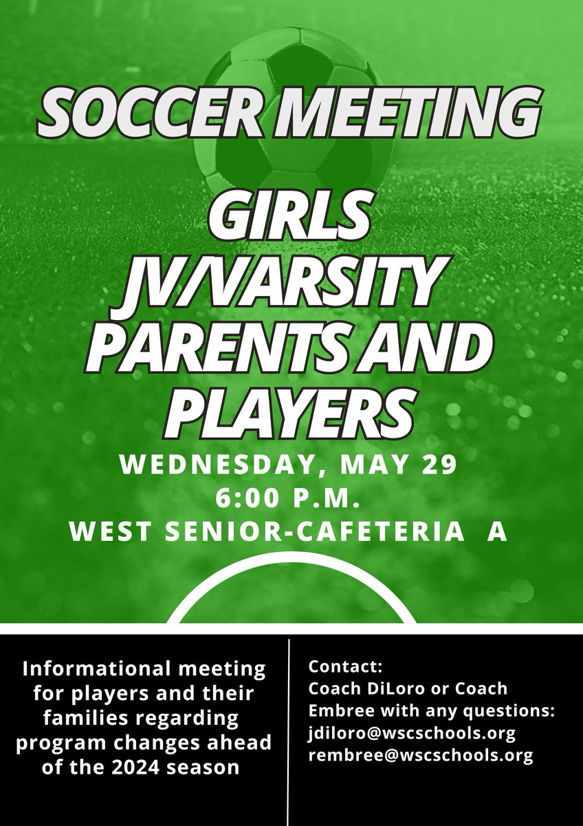 We are holding a parent meeting to discuss the changes to the West Seneca soccer program for the Fall 2024 season. Players who wish to tryout and their parents are encouraged to attend.