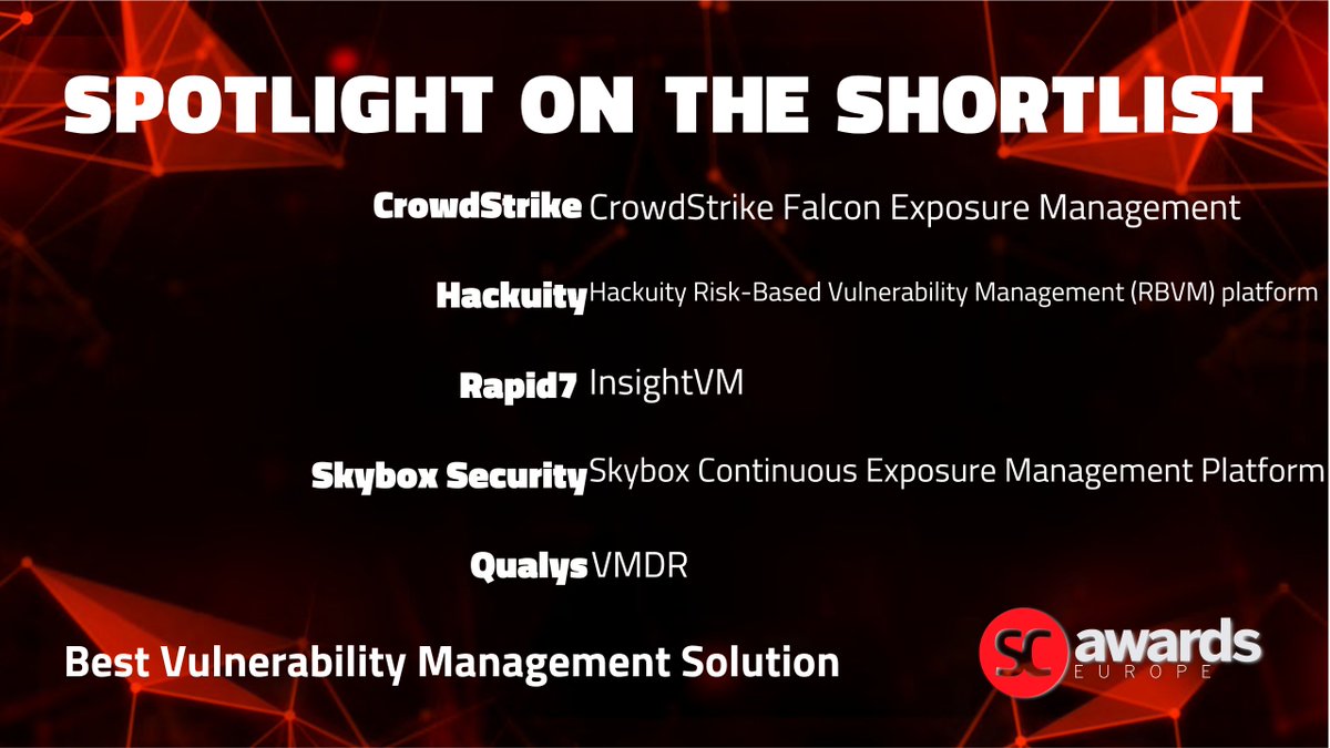 SC Media UK (@scmagazineuk) on Twitter photo Congratulations to:
<a href="/CrowdStrike/">CrowdStrike</a>
<a href="/hackuity/">Hackuity</a>
<a href="/rapid7/">Rapid7</a>
<a href="/SkyboxSecurity/">Skybox Security</a>
<a href="/qualys/">Qualys</a>
on being shortlisted in the Best Vulnerability Management Solution category at the #SCAwardsEurope2024 🥳
Buy your ceremony tickets now 👉 shorturl.at/eIPS9 Congratulations to:
<a href="/CrowdStrike/">CrowdStrike</a>
<a href="/hackuity/">Hackuity</a>
<a href="/rapid7/">Rapid7</a>
<a href="/SkyboxSecurity/">Skybox Security</a>
<a href="/qualys/">Qualys</a>
on being shortlisted in the Best Vulnerability Management Solution category at the #SCAwardsEurope2024 🥳
Buy your ceremony tickets now 👉 shorturl.at/eIPS9