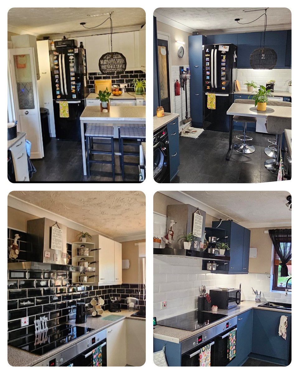 Kitchen all done.
Was White units, Black tiles..
Now Blue units with White tiles.

@MakeItRustoleum