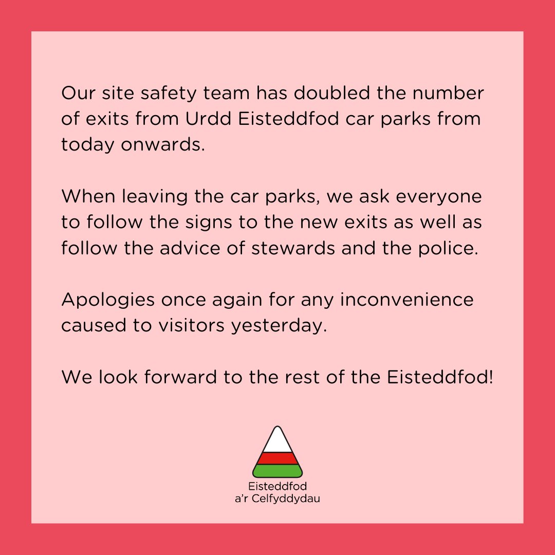 Diweddariad ar feysydd parcio Eisteddfod yr Urdd. 👇 ℹ An update on the Urdd Eisteddfod car parks: