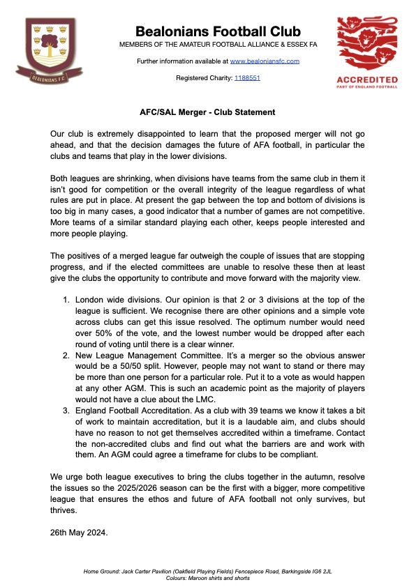 Bealoniansfc (@bealoniansfc) on Twitter photo Club Statement. AFC/SAL Merger - hopefully clubs will let their League Management Committees know at upcoming AGM that they have failed them by not enabling the proposed merger to happen <a href="/AmateurFC/">Amateur FC</a> <a href="/TheSAL1907/">Southern Amateur Lge</a> <a href="/AmateurFA/">Amateur FA ⚽️</a> Club Statement. AFC/SAL Merger - hopefully clubs will let their League Management Committees know at upcoming AGM that they have failed them by not enabling the proposed merger to happen <a href="/AmateurFC/">Amateur FC</a> <a href="/TheSAL1907/">Southern Amateur Lge</a> <a href="/AmateurFA/">Amateur FA ⚽️</a>