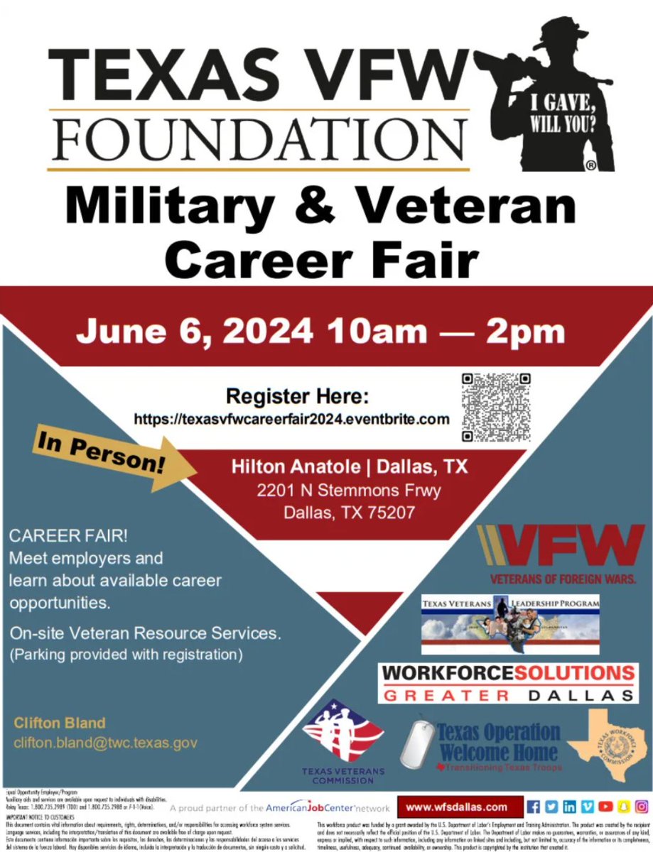 Job seeking #TexasVeterans - This career fair is next week, Thursday, June 6 in Dallas. Register: texasvfwcareerfair2024.eventbrite.com
