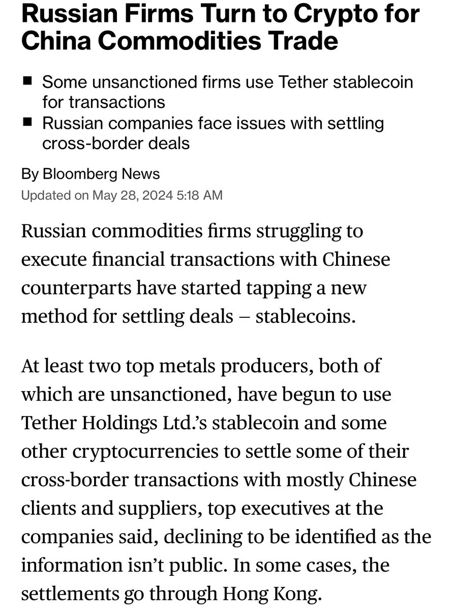 Russia and China commodity exporters are settling in US dollar backed stablecoins. 

So much for the BRICs currency. That never really had legs.