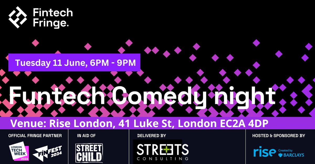Have you booked your place at the @fintechfringe #FuntechComedyNight yet? The evening is MC'd by our CEO @streets_julia, at @ThinkRiseGlobal in aid of @streetchilduk See you there! Tickets via: fintechfringe.co/fintech-fringe… #StreetsComedy #fintech #LondonTechWeek #FunTechComedyNight