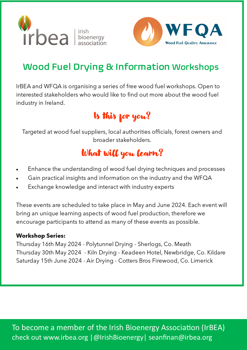 IrishBioenergy's tweet photo. This weeks' WFQA workshop #woodfuel #kilndrying  is Thurs 30th May @KeadeenHotel Newbridge, Kildare.
We will host a kiln expert who will explain the fundamentals of proper kiln drying offering faster &amp; more uniform drying compared to air drying processes.
https://t.co/n8PLqrDGHb https://t.co/lCwyB4vmSF