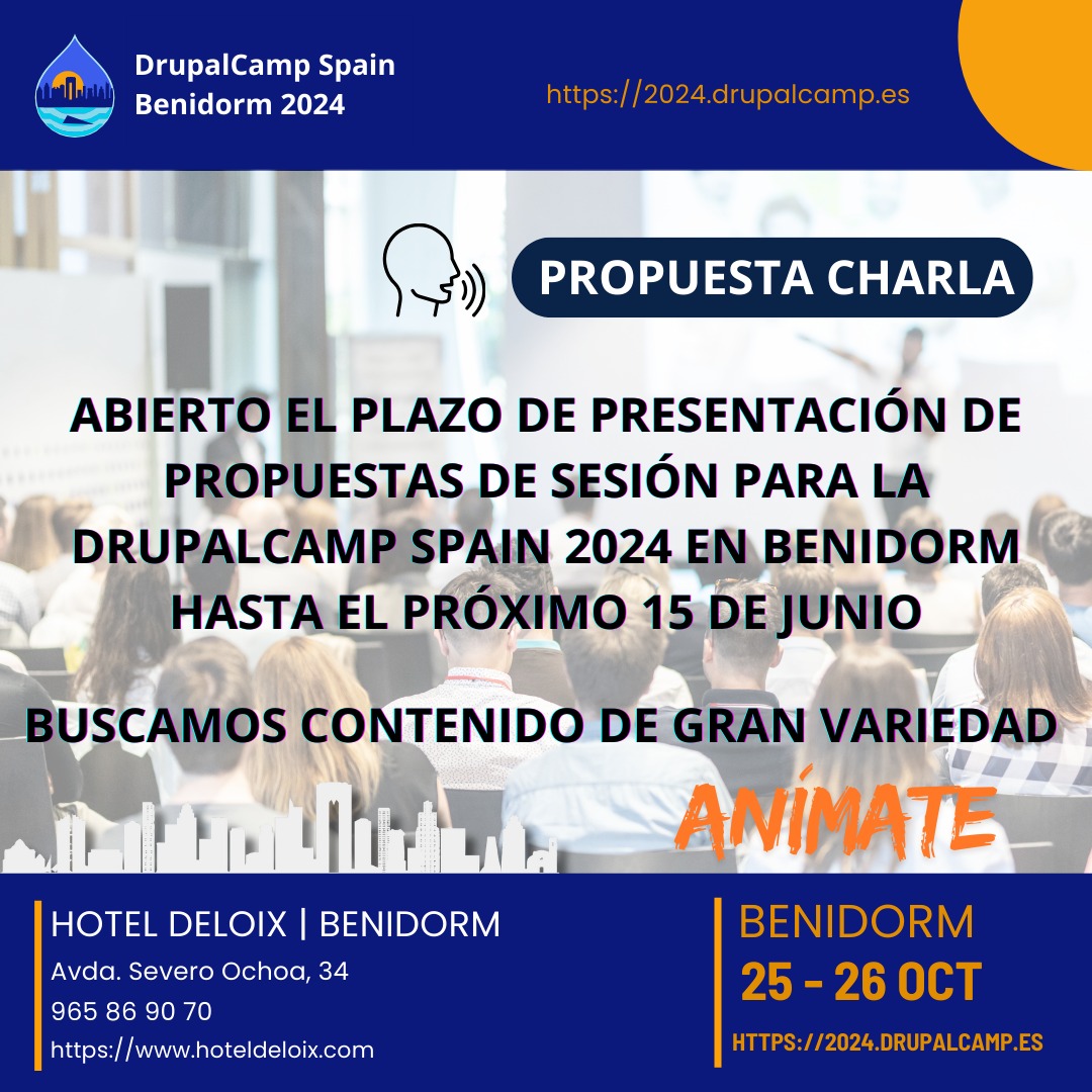 🎤 ¿Has propuesto ya tu sesión para la DrupalCamp Spain 2024?

Abrimos el periodo para el envío de propuestas y estamos buscando contenido de una gran variedad de temas, no solamente Drupal: PHP, tecnologías front-end, accesibilidad, DevOps, gestión de proyectos, comunidad, etc.