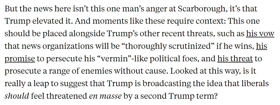 The video Trump posted got notice for attacking @JoeNBC, but there's also this: 'He’ll get rid of all you fucking liberals. You liberals are gone when he fucking wins.' By promoting this video, Trump endorsed that sentiment about libs generally. 2/ newrepublic.com/article/181973…