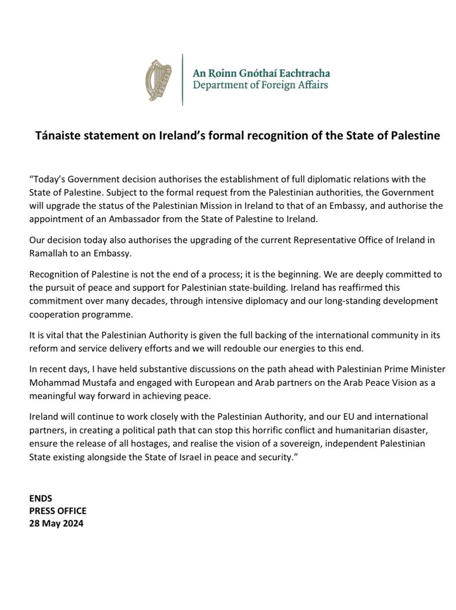My statement on Ireland’s formal recognition of the State of Palestine ⬇️