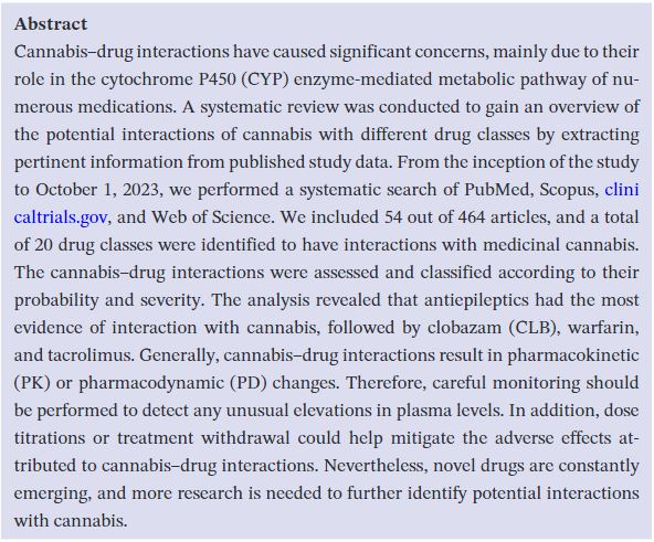 (Clin Transl Sci) Evaluación de las posibles interacciones farmacológicas del cannabis medicinal. Interacciones más graves con: inhibidores de calcineurina, antiepilépticos, benzodiacepinas, antifúngicos e inhibidores mTOR ascpt.onlinelibrary.wiley.com/doi/epdf/10.11… #PrecaucionInteracción