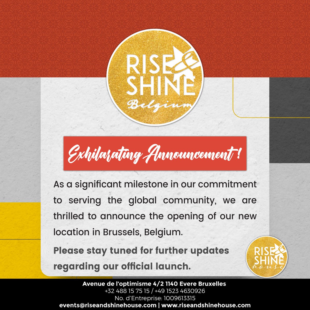 📢 EXCITING NEWS! 👏🇧🇪 As a significant milestone in our commitment to serving the global community, we are thrilled to announce the opening of our new location in Brussels, Belgium. Stay tuned for further updates regarding our official launch. #RiseWithUs #RiseandShineBelgium