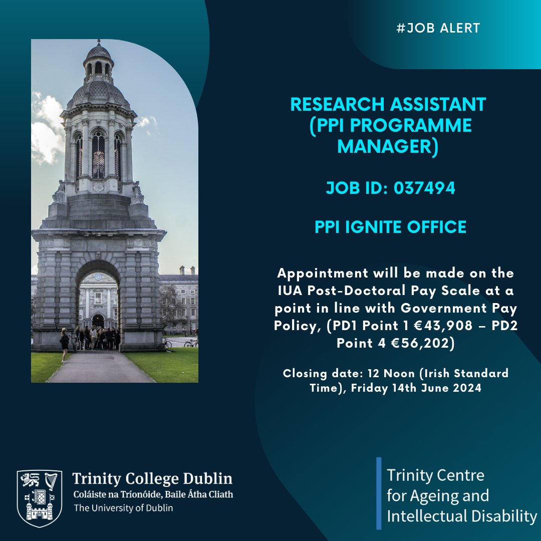 *JOB ALERT* 🔹 Research Assistant (PPI Programme Manager) 📅 Closing date 12 Noon Friday 14th June 2024 📜 Specific Purpose Contract 💴 IUA PD Pay Scale (PD1 Point 1 €43,908 – PD2 Point 4 €56,202) 📘 Full job spec: jobs.tcd.ie (Job ID: 037494) @PPI_Ignite_Net