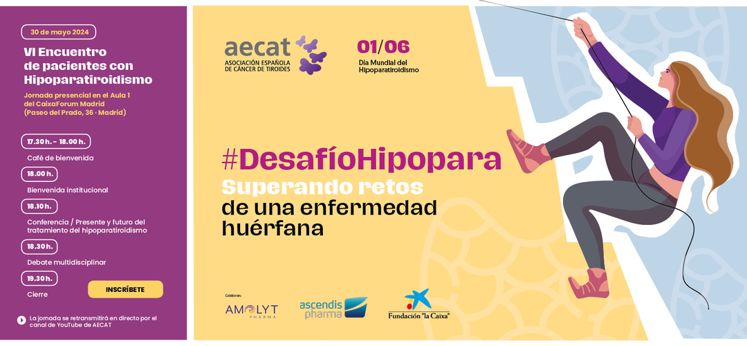¿Sabes qué es el #hipoparatiroidismo❓ No te pierdas el 🆕 6º Encuentro de pacientes con #Hipoparatiroidismo ▶ organizado por @AECAT 📅 30 mayo 🕔 17:30h 🚩 CaixaForum Madrid y @YouTube de AECAT 🖇 swki.me/ZL6bpvFJ #DesafioHipopara #DíaMundialdelHipoparatiroidismo