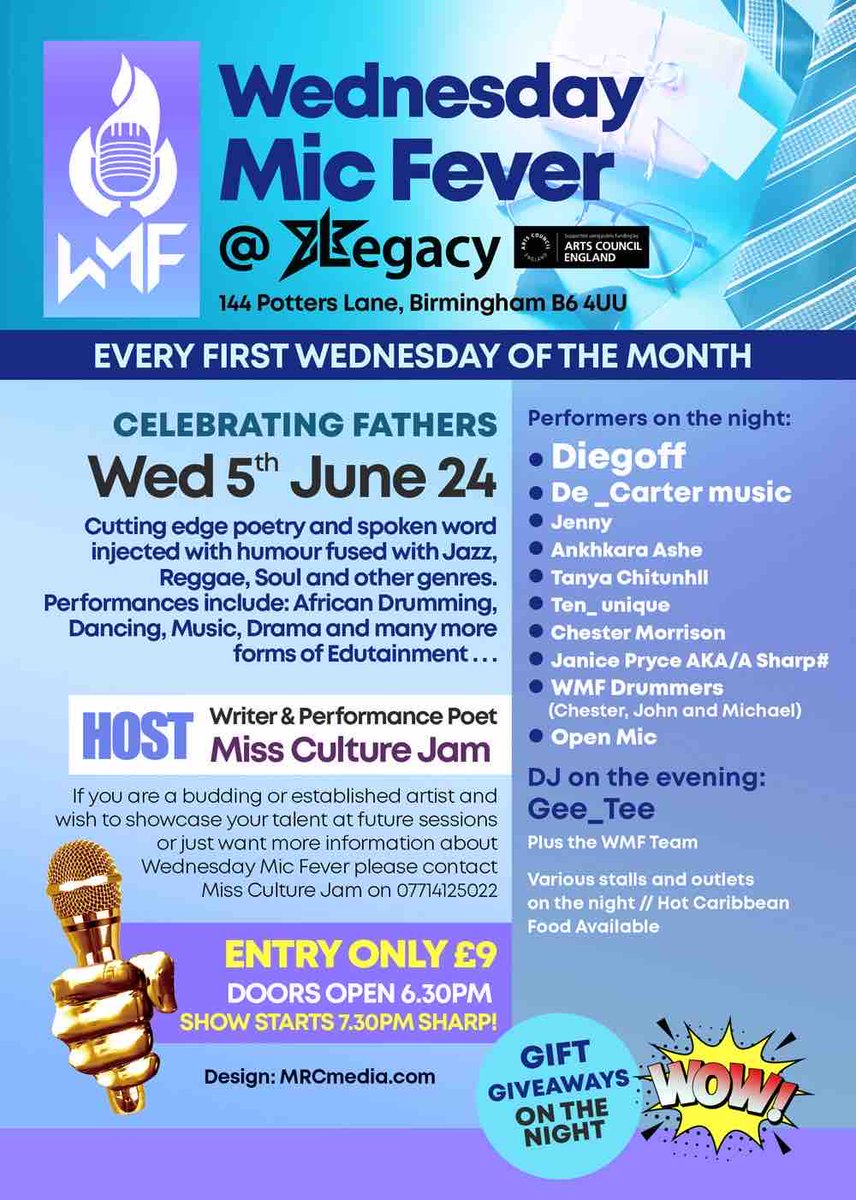 📢🎤🎶 #WednesdayMicFever on 5th
June, we’ll be celebrating Fathers! Bringing you the best of poetry and spoken word, with humour and fused with Jazz, reggae, soul and more. 🎨🎭Performances will include African drumming, dancing, music and drama - you won’t want to miss it! 🤩🎶
