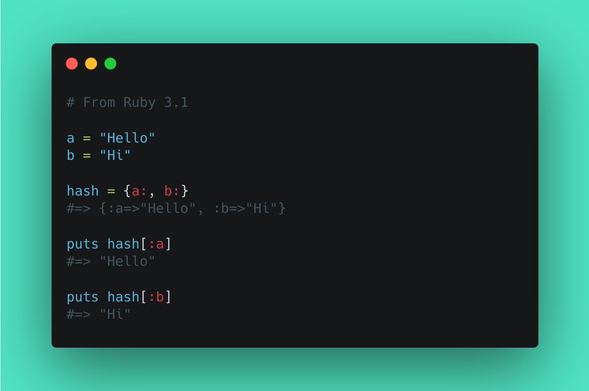 Let's mine Ruby...💎

I want to share a neat trick for creating a hash using variables as keys.

we have two variables, a and b, holding strings. By using the syntax {a:, b:}, we create a hash where the keys are the variable names (:a and :b)

#Ruby #RubyOnRails #Hash