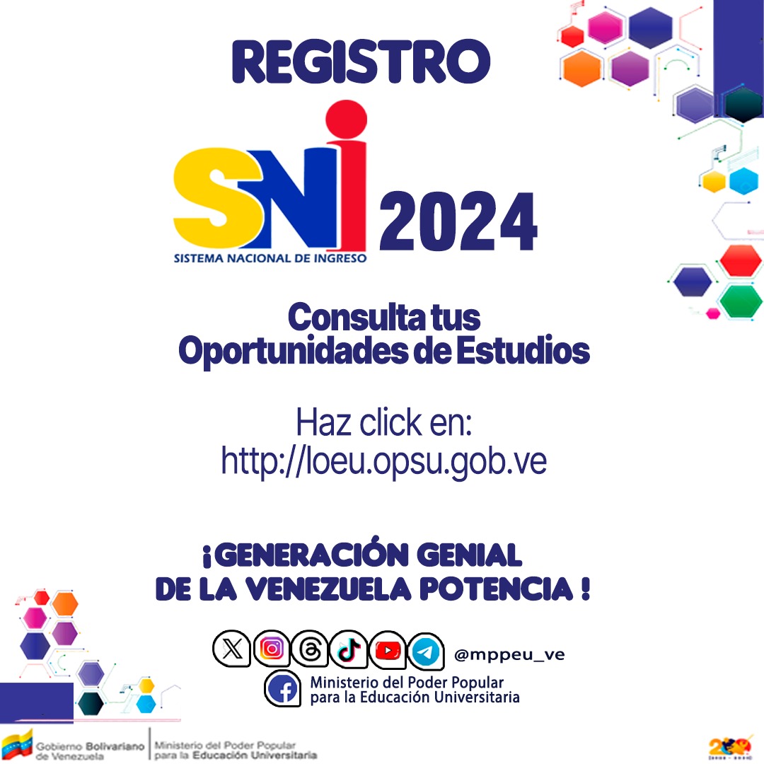 ¡Pendiente!  YA INICIO el registro del Sistema Nacional de Ingreso 2024.

Para la ¡Generación Genial de la Venezuela Potencia!

<a href="/NicolasMaduro/">Nicolás Maduro</a>

<a href="/delcyrodriguezv/">Delcy Rodríguez</a>

<a href="/sandraoblitasr/">Sandra Oblitas Ruzza</a>