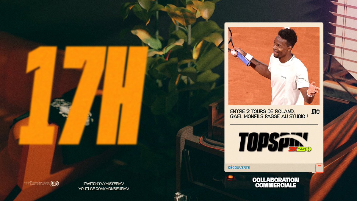 Programme un peu zinzin aujourd'hui :

- Vers 17h (lol) je reçois <a href="/Gael_Monfils/">Gael Monfils</a> au studio, on jouera à #TopSpin2K25 avant son 2ème tour de Roland Garros demain ! 4 collectors du jeu à gagner ! (collaboration commerciale)

- À 19h grosse annonce, il ne faudra pas partir !