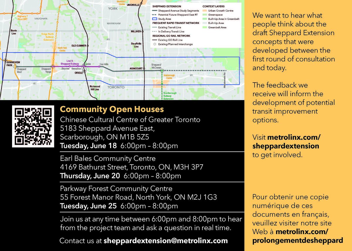 Update on the Sheppard Extension proposal: @Metrolinx is hosting a second round of public consultations for the Sheppard Extension this June. Please see the graphics below for more information. #yorkcentre #topoli