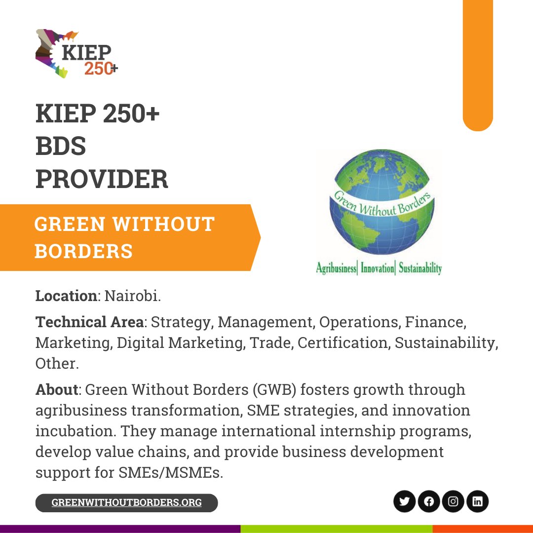 Go global, grow local. Like Green Without Borders, can you help Kenyan SMEs do this? Apply to join our Business Development Service (BDS) provider community here: 250plus.kiep.go.ke/bds-providers-…. #KIEP250Plus #SMEsupport #SMEs #TechnicalAssistance #KenyanBusiness