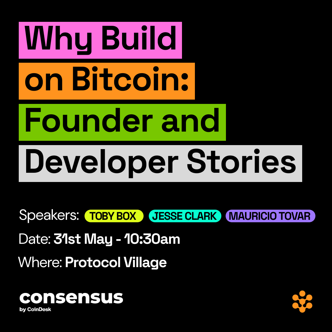 Planning your #Consensus2024 agenda? 

Join this session to hear firsthand experiences from @maurotov, Co-founder of @Tropykus, the first Latin American lending protocol built on Rootstock, and @jesseclark, Sr Developer at @RootstockLabs, moderated by @toby_box, Head of Product.