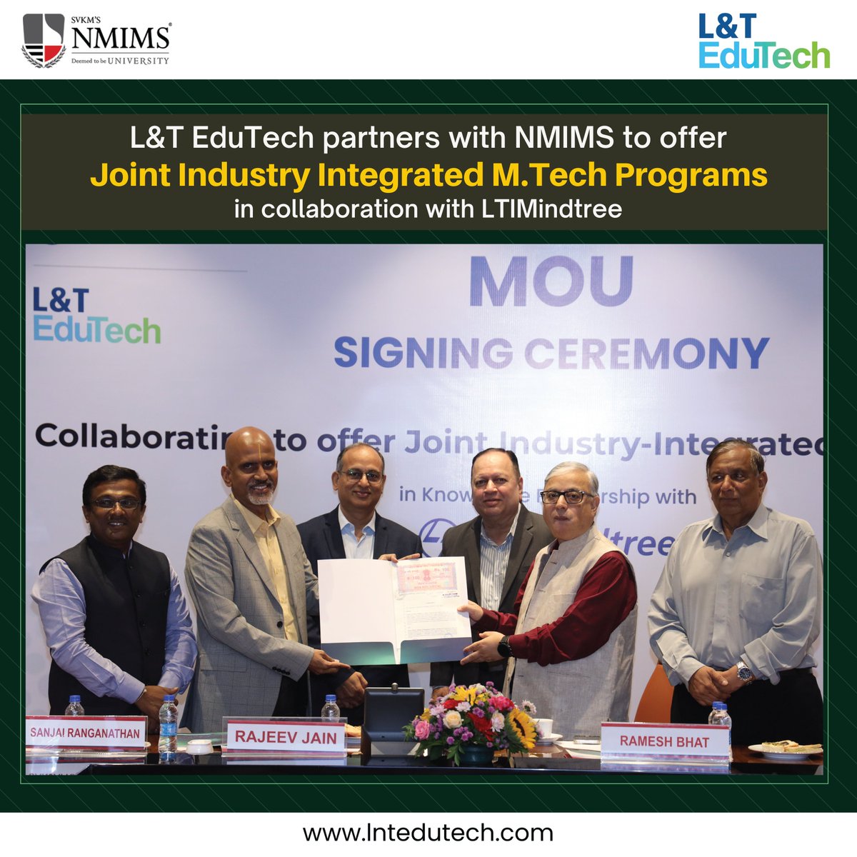 L&T Edutech partners with  NMIMS to offer industry-integrated MTech. programs in collaboration with LTI Mindtree.