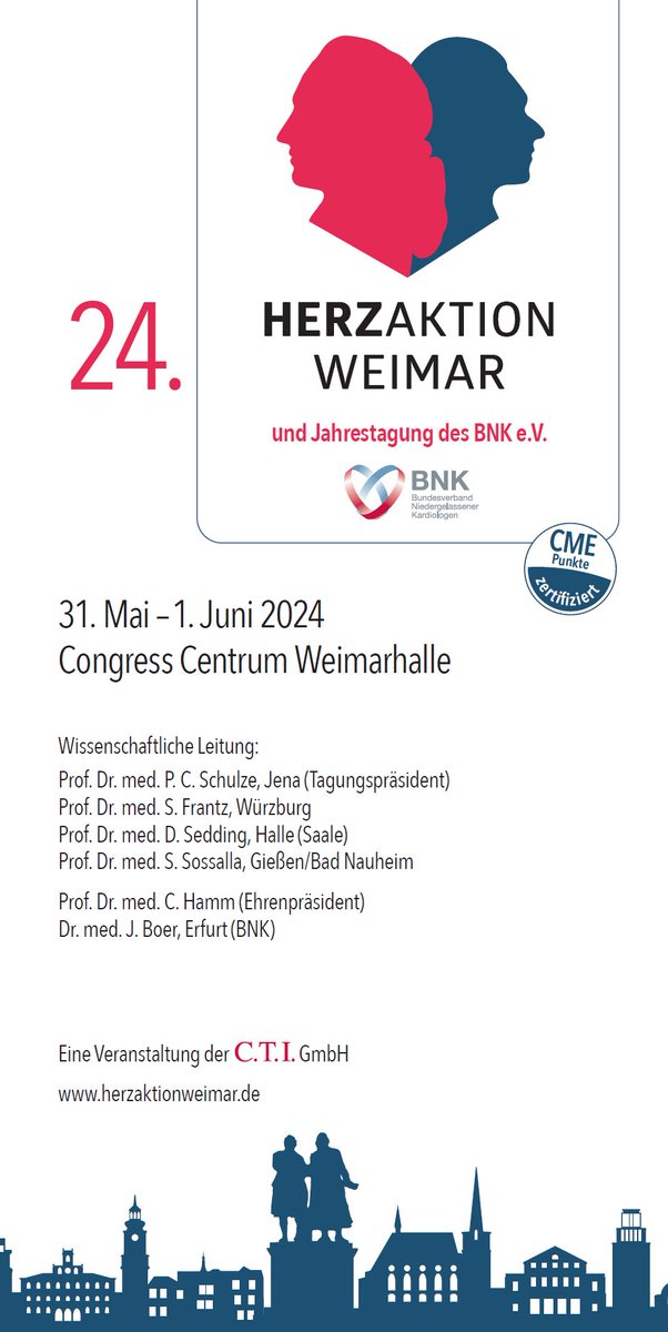 Wir freuen uns auf die 24. Herzaktion Weimar + Jahrestagung BNK am 31.5./1.6.24. Größter Herz-Kreislauf-Kongress in Thüringen unterstützt durch @DGK_org @YoungDgk @BNK @YoungBNK, über 50 namhafte Referenten, Leitlinienupdate, Kasuistiken. herzaktionweimar.de