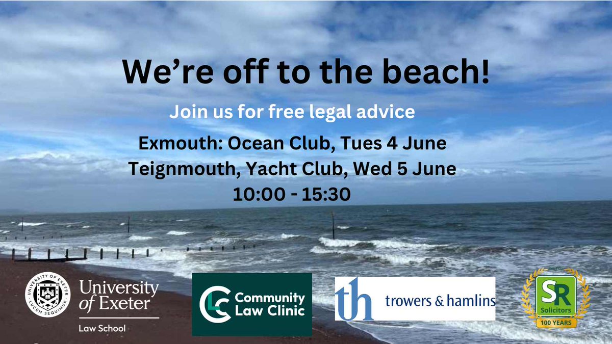 Widening access to justice is an important part of studying at Exeter Law School.
Students in our Community Law Clinic will be working with local solicitors to provide legal advice to beachgoers for free.
Come along and see us 👋
Share the post to spread the word📢
<a href="/sueprince/">sueprince</a>