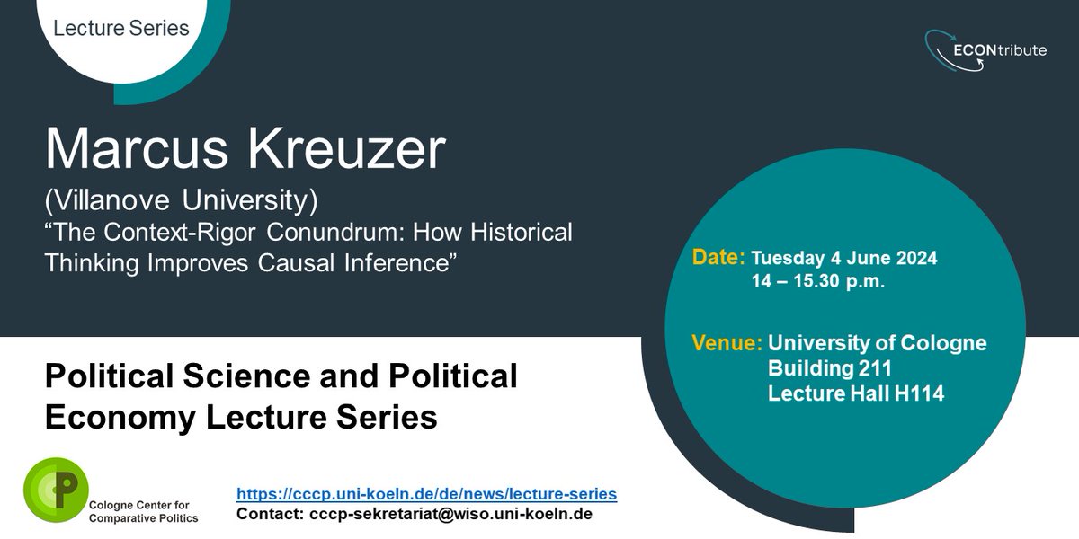 On June 4 (next Tuesday), <a href="/CompPolCologne/">Comp Pol Cologne</a>
and <a href="/ECON_tribute/">ECONtribute</a> are delighted to host Marcus Kreuzer <a href="/VillanovaU/">Villanova University</a> as our next speaker for the PSPE lecture series. Prof. Kreuzer will be speaking on "The Context-Rigor Conundrum". All welcome!
<a href="/UniCologne/">Universität zu Köln</a>
<a href="/WiSoUniCologne/">WiSoFakultät_UniKöln</a>