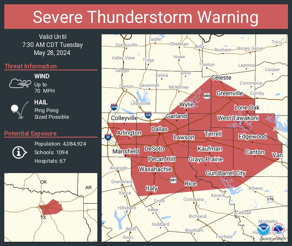 Severe Thunderstorm Warning including Dallas TX, Arlington TX and Garland TX until 7:30 AM CDT. This storm will contain wind gusts to 70 MPH!