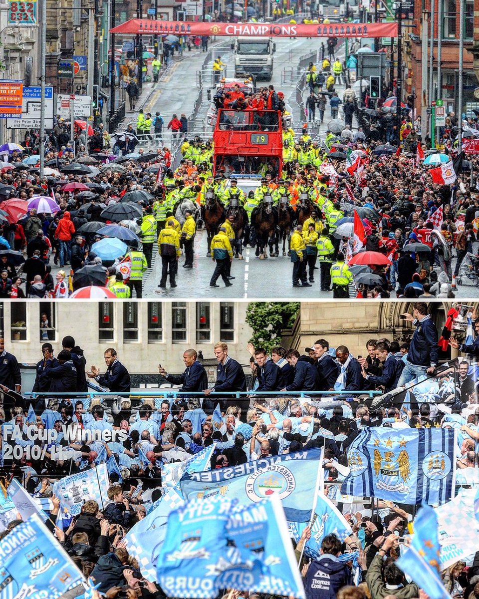 cityreport_'s tweet photo. When #ManCity won the FA Cup and Manchester United won the Premier League in 2011, five times as many City fans turned up to their parade, with around just 12,000 United fans showing up to celebrate their record nineteenth title. 🤐 https://t.co/xQ1X0FMPxn