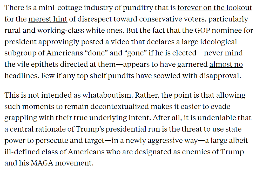 Yes, we often play 'what if Biden did it.' But here it's appropriate! A battalion of pundits is always ready to pounce on mere hints of demeaning language about conservative voters. Here the GOP nominee promoted vile language about liberals as a class. 3/ newrepublic.com/article/181973…