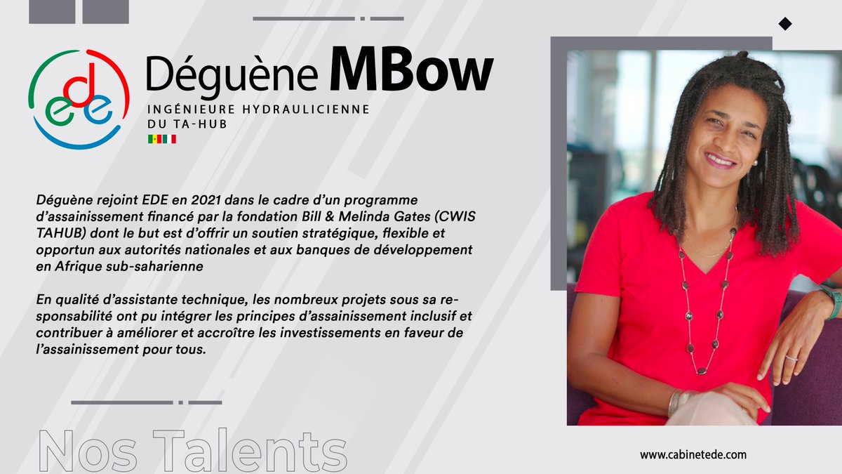 CabinetEDE's tweet photo. 🌟 Nos Talents Féminins - Déguène M'Bow 🌟

Depuis son arrivée en 2021, Déguène s'est distinguée par son dévouement et son expertise dans l'assainissement inclusif. 

Bravo, Déguène, pour votre engagement et vos contributions exceptionnelles !

https://t.co/HviGaclw5r https://t.co/jVTHoVOBY0