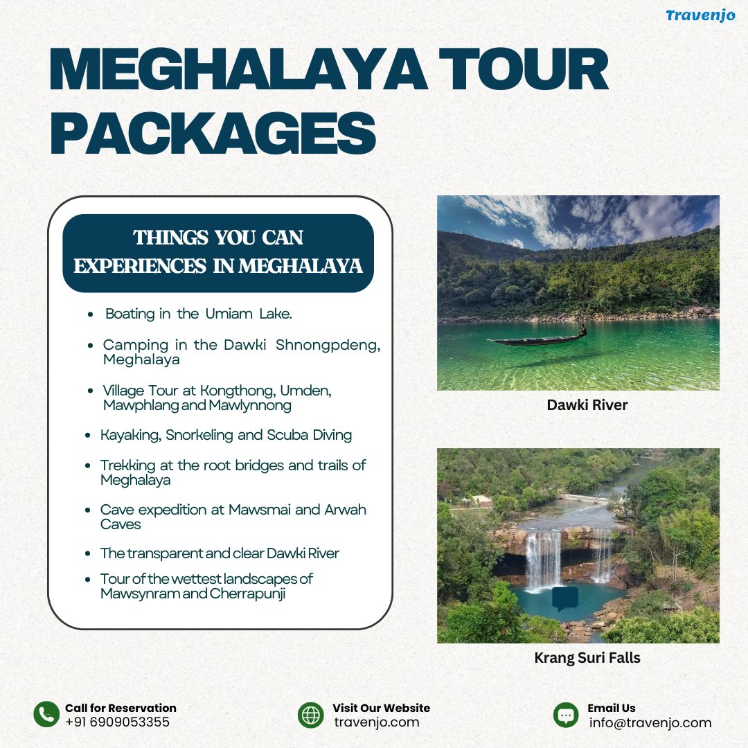 Unlock the beauty of Meghalaya with Travenjo! Our Meghalaya Tour Packages offer boating, camping, village tours, trekking, cave expeditions, and more. Dive into the clear waters of Dawki and create unforgettable memories.
travenjo.com/meghalaya-tour…