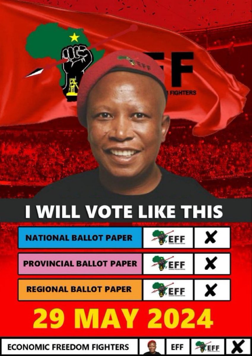 No amount of reverse physiology or blackmail will keep us from voting EFF tomorrow

The only valid distractions will be

• severe sickness 
• severe accident
• or death

Even at gunpoint, we may as well die voted for the EFF

#Asijiki #Elections2024 #MalemaForPresident #TheIEC