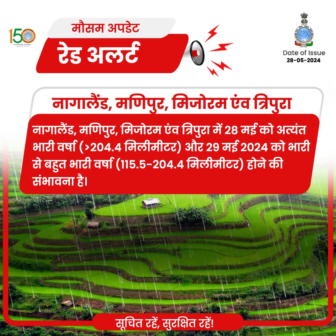 नागालैंड, मणिपुर, मिजोरम एंव त्रिपुरा में 28 मई को अत्यंत भारी वर्षा (>204.4 मिलीमीटर) और 29 मई 2024 को भारी से बहुत भारी वर्षा (115.5-204.4 मिलीमीटर) होने की संभावना है। #rainfallalert #weatherupdate #redalert @moesgoi @DDNewslive @ndmaindia @airnewsalerts