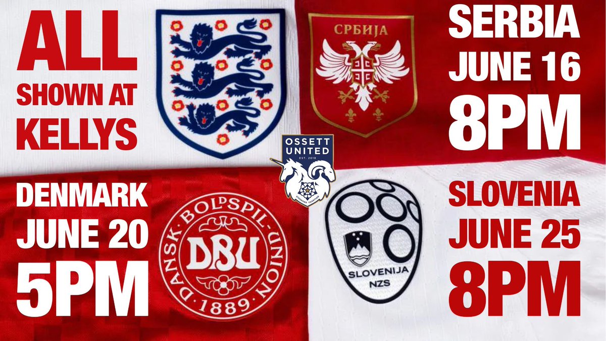 𝗘𝗨𝗥𝗢𝗦 𝗦𝗛𝗢𝗪𝗡 𝗔𝗧 𝗞𝗘𝗟𝗟𝗬𝗦 𝗕𝗔𝗥 Come and join us in Kellys Bar @ Ossett United as we show ALL of England's Euro 2024 matches. Serbia vs England on June 16, 8pm Denmark vs England on June 20, 5pm England vs Slovenia on June 25, 8pm #StrongerTogether